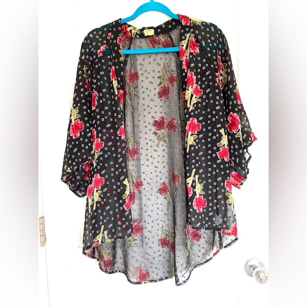 TRUE CRAFT Floral Polka Do Sheer Open Front Kimono Cardigan Black Red Size XS